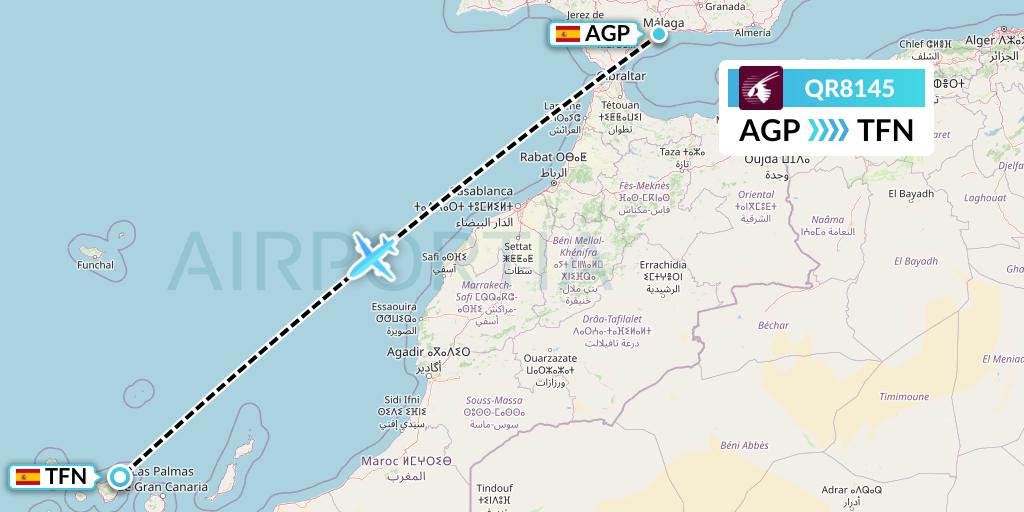 QR8145 Qatar Airways Flight Map: Malaga to Tenerife