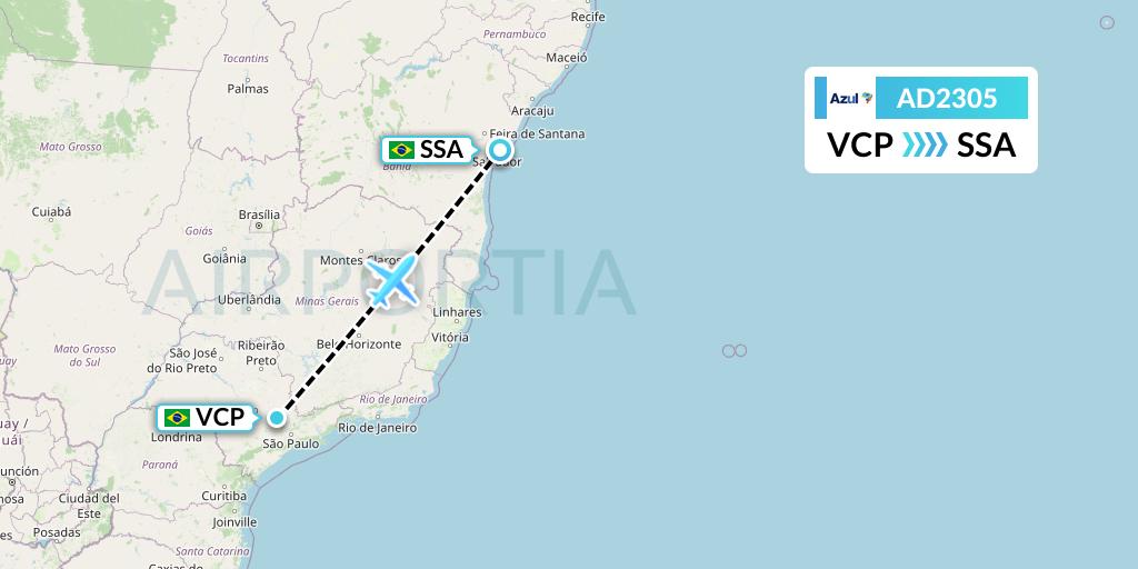 AD2305 Azul Brazilian Airlines Flight Map: Campinas to Salvador