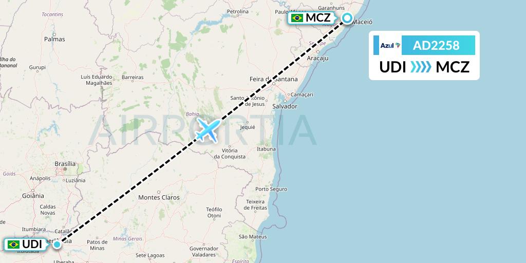 AD2258 Azul Brazilian Airlines Flight Map: Uberlandia to Maceio