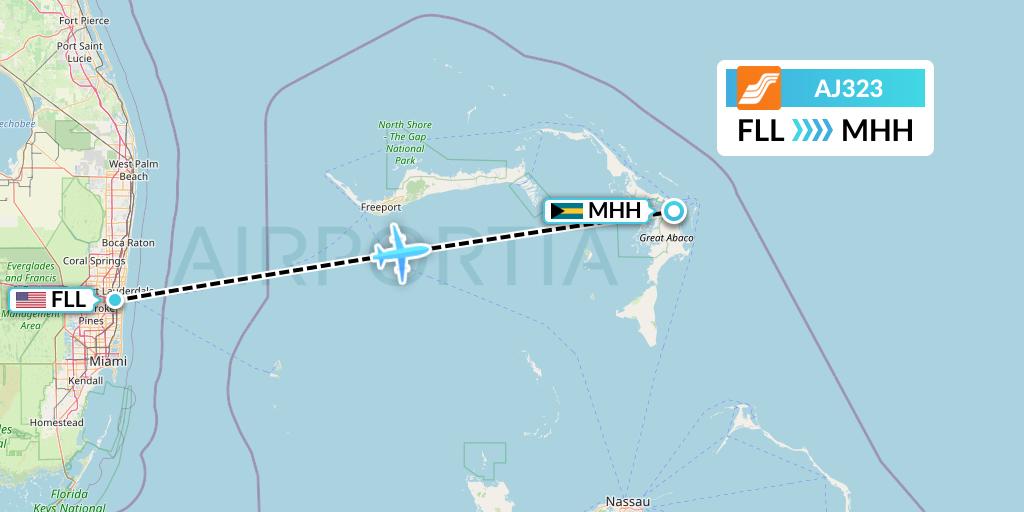 AJ323 Aztec Airways Flight Map: Fort Lauderdale to Marsh Harbour