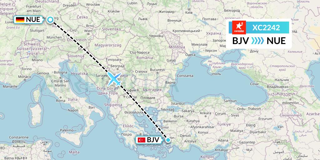 XC2242 Corendon Airlines Flight Map: Bodrum to Nurnberg