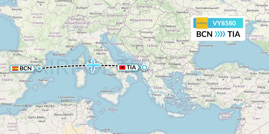 VY8580 Vueling Flight Map: Barcelona to Tirana