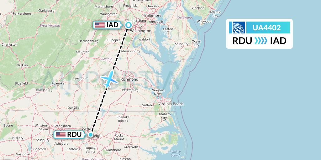 UA4402 United Airlines Flight Map: Raleigh-Durham to Washington