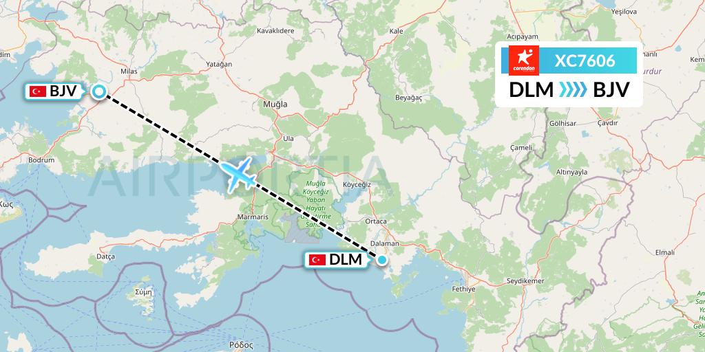 XC7606 Corendon Airlines Flight Map: Dalaman to Bodrum