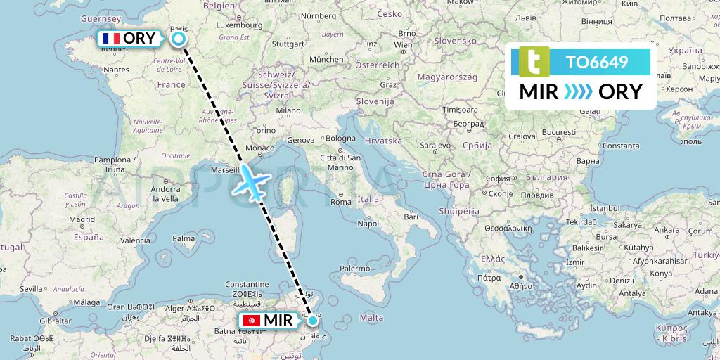 TO6649 Transavia France Flight Map: Monastir to Paris