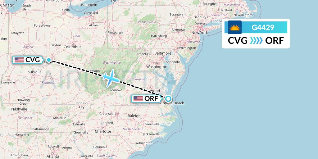 G4429 Allegiant Air Flight Map: Cincinnati to Norfolk