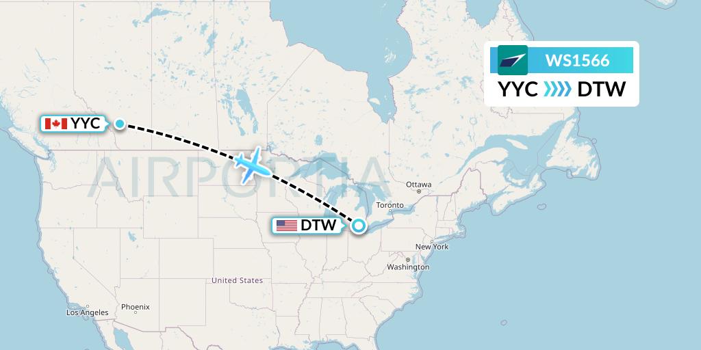 WS1566 WestJet Flight Map: Calgary to Detroit