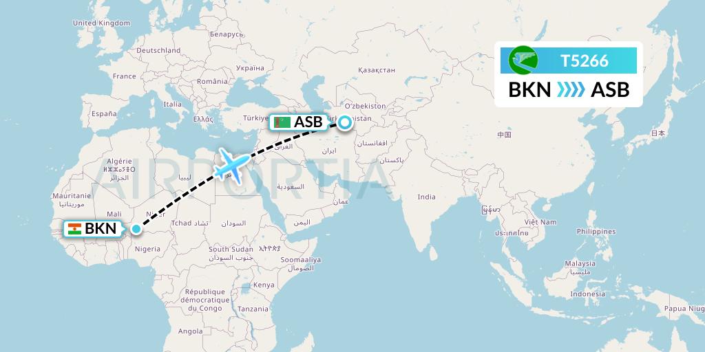 T5266 Turkmenistan Airlines Flight Map: Birni Nkoni to Ashgabat