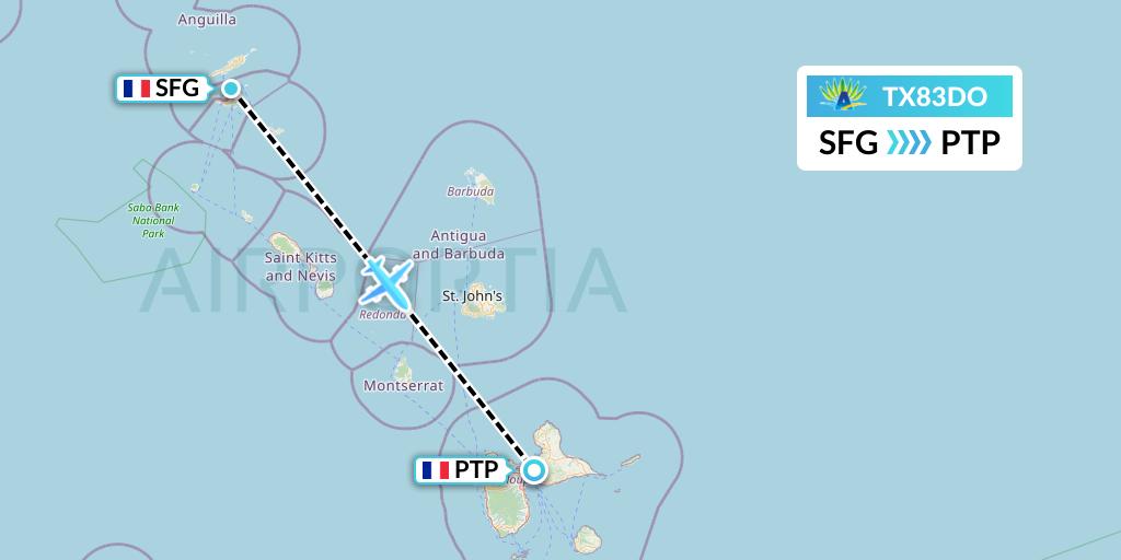 TX83DO Air Caraibes Flight Map: Sint Maarten to Pointe-a-Pitre
