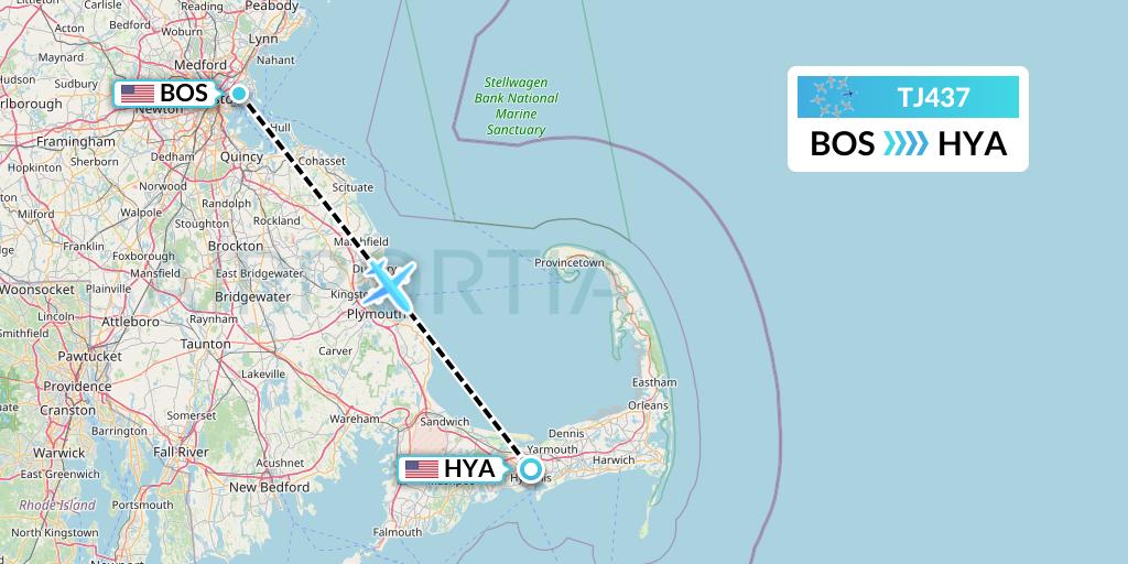 TJ437 Tradewind Aviation Flight Map: Boston to Hyannis