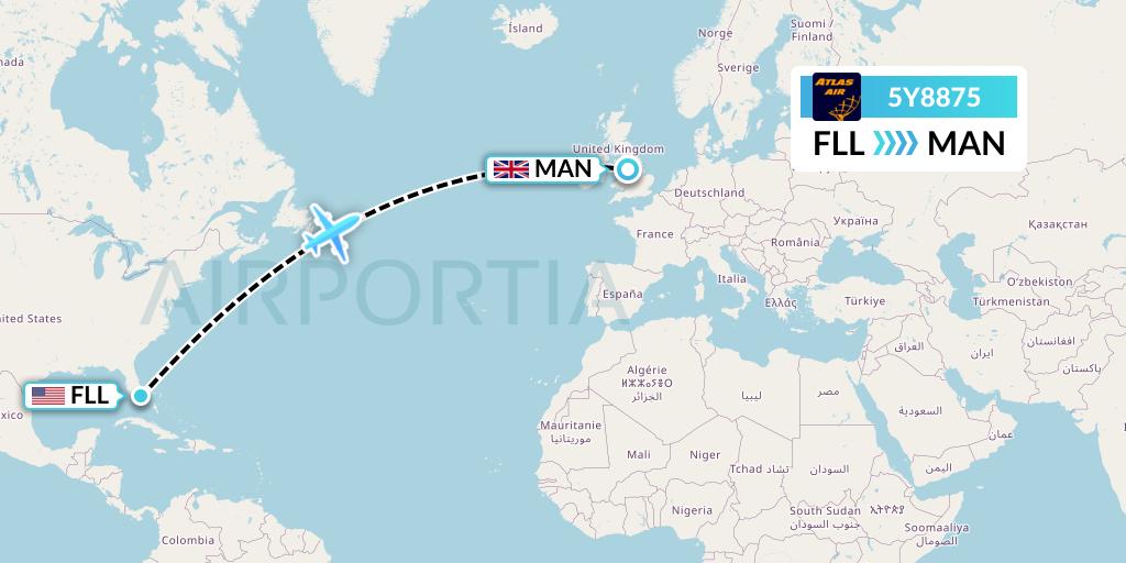 5Y8875 Atlas Air Flight Map: Fort Lauderdale to Manchester