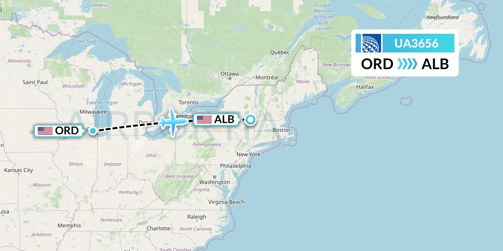 UA3656 United Airlines Flight Map: Chicago to Albany
