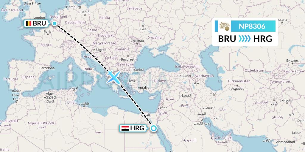 NP8306 Nile Air Flight Map: Brussels to Hurghada