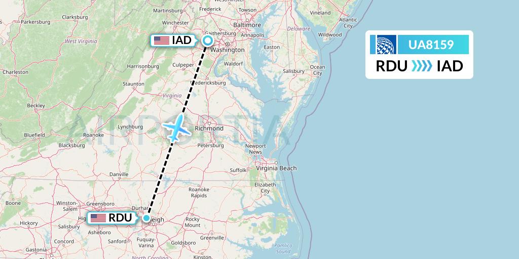 UA8159 United Airlines Flight Map: Raleigh-Durham to Washington