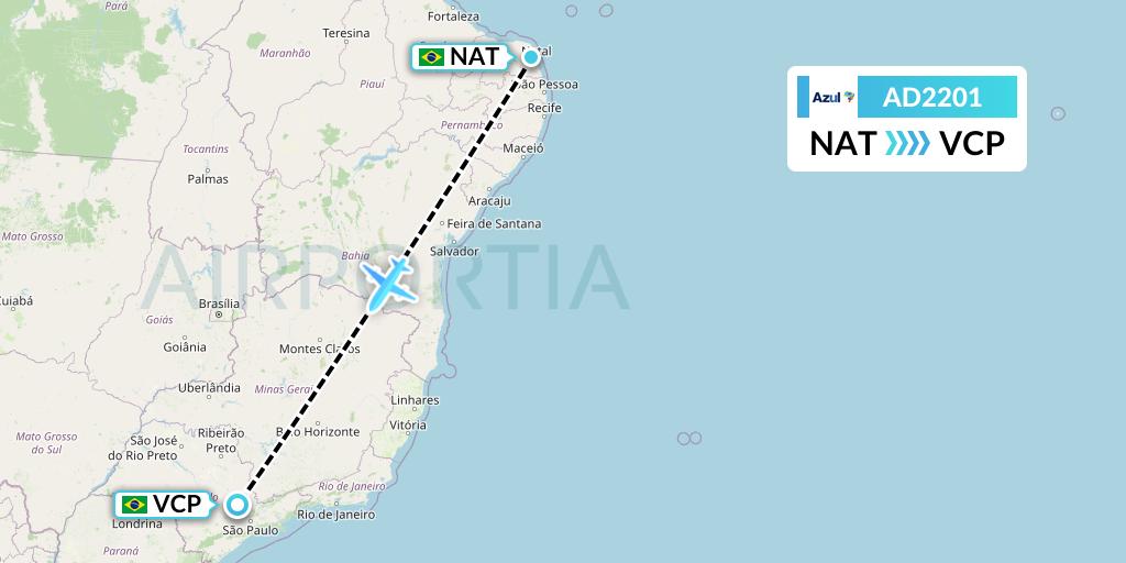 AD2201 Azul Brazilian Airlines Flight Map: Natal to Campinas