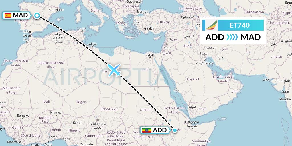 ET740 Ethiopian Airlines Flight Map: Addis Ababa to Madrid