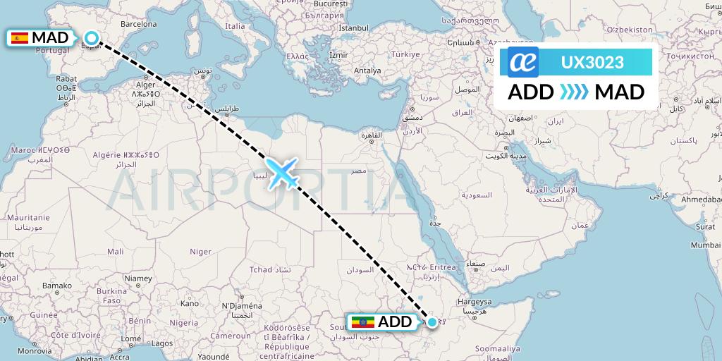 UX3023 Air Europa Flight Map: Addis Ababa to Madrid
