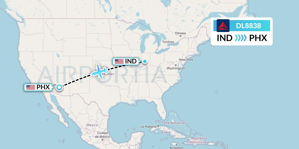 DL8838 Delta Air Lines Flight Map: Indianapolis to Phoenix