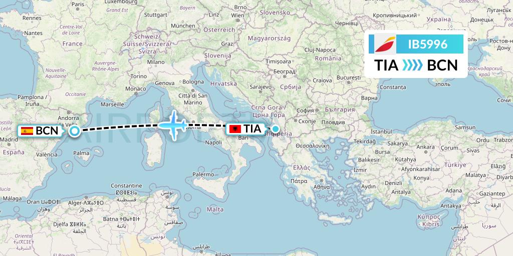 IB5996 Iberia Flight Map: Tirana to Barcelona
