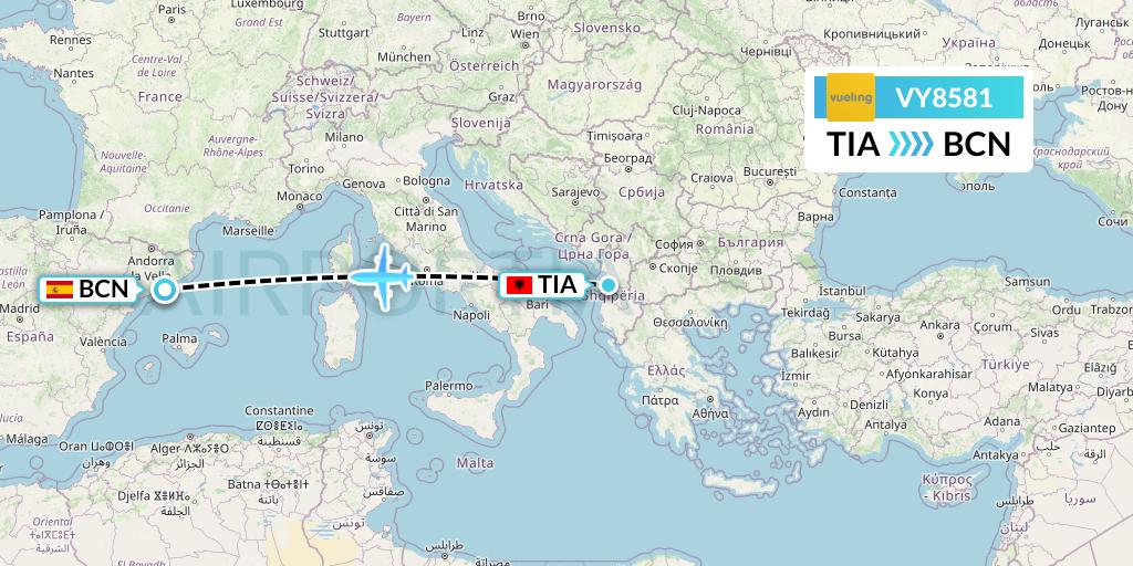 VY8581 Vueling Flight Map: Tirana to Barcelona