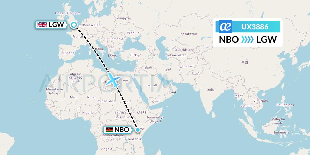UX3886 Air Europa Flight Map: Nairobi to London