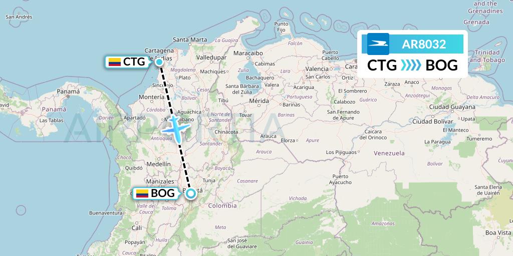 AR8032 Aerolineas Argentinas Flight Map: Cartagena to Bogota