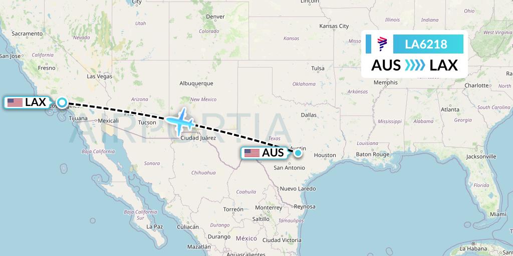 LA6218 LAN Airlines Flight Map: Austin to Los Angeles