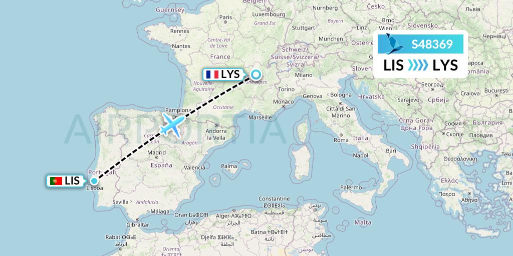 S48369 Azores Airlines Flight Map: Lisbon to Lyon