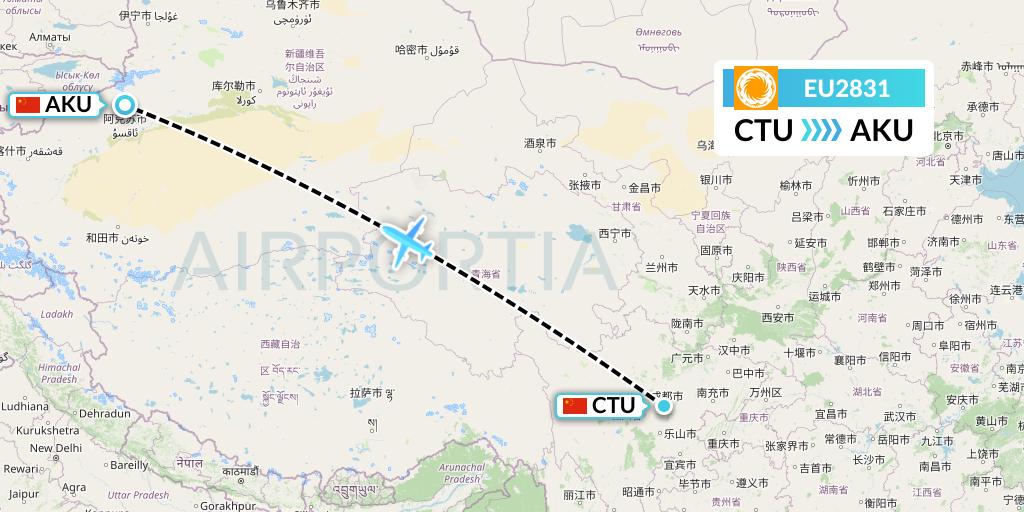 EU2831 Chengdu Airlines Flight Map: Chengdu to Aksu