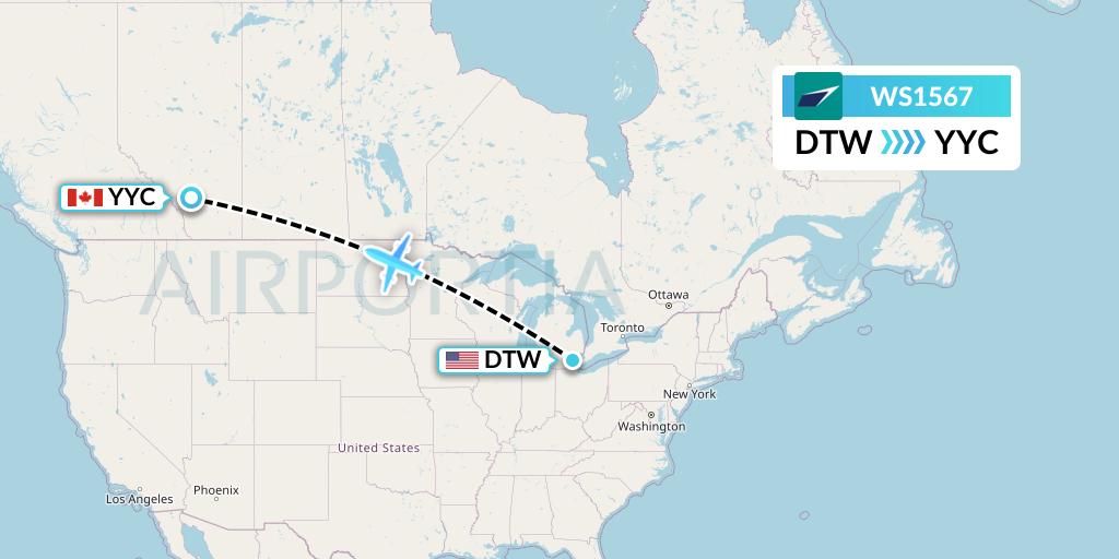 WS1567 WestJet Flight Map: Detroit to Calgary