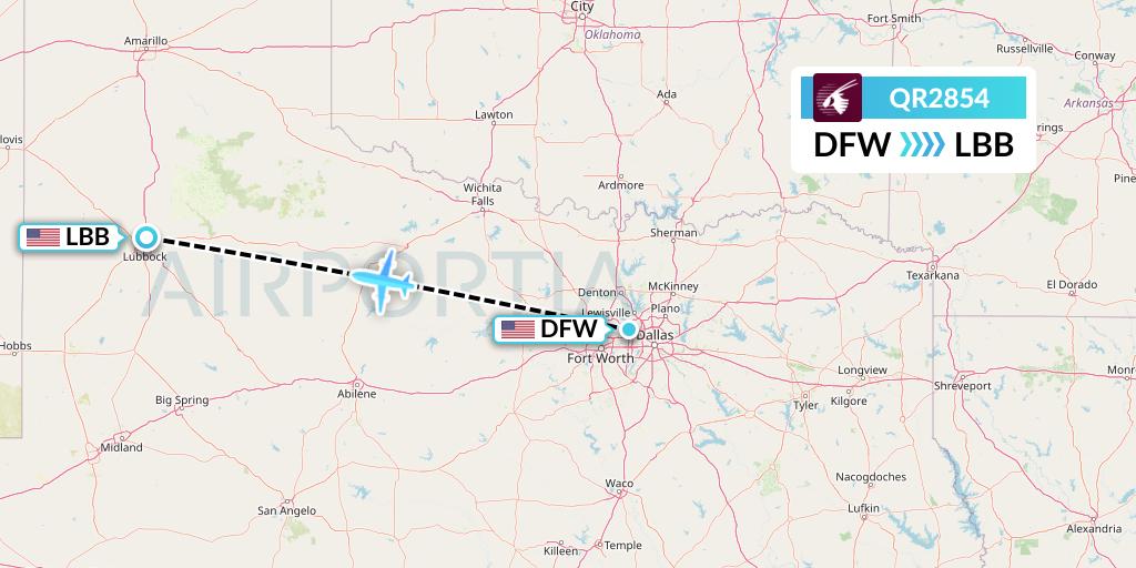 QR2854 Qatar Airways Flight Map: Dallas to Lubbock