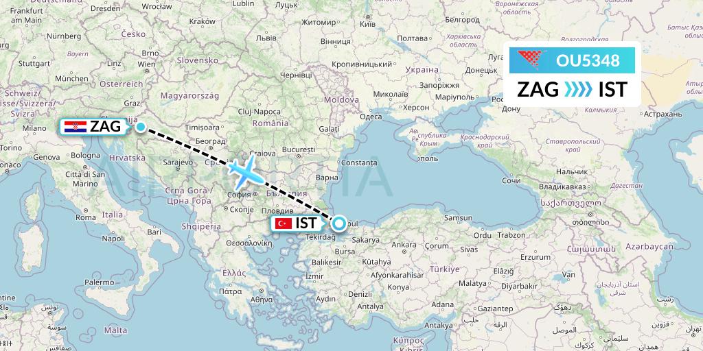 OU5348 Croatia Airlines Flight Map: Zagreb to Istanbul
