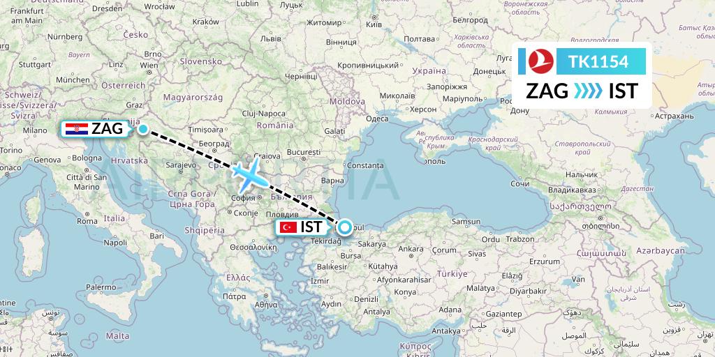 TK1154 Turkish Airlines Flight Map: Zagreb to Istanbul