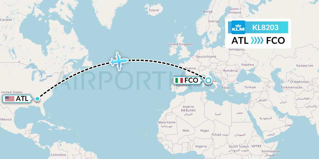 KL8203 KLM Flight Map: Atlanta to Rome