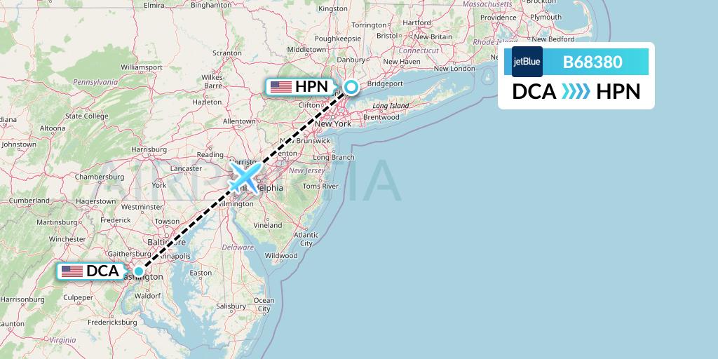 B68380 JetBlue Airways Flight Map: Washington to White Plains