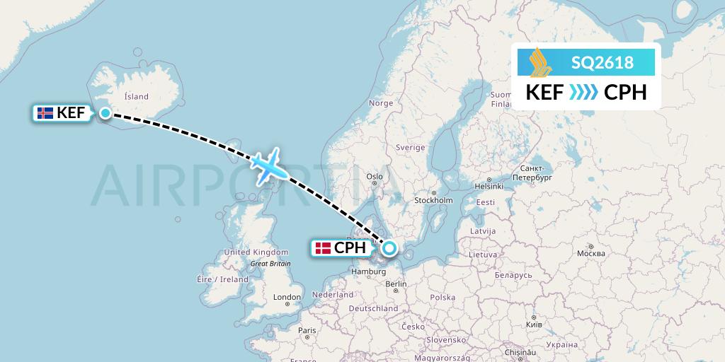 SQ2618 Singapore Airlines Flight Map: Reykjavik to Copenhagen