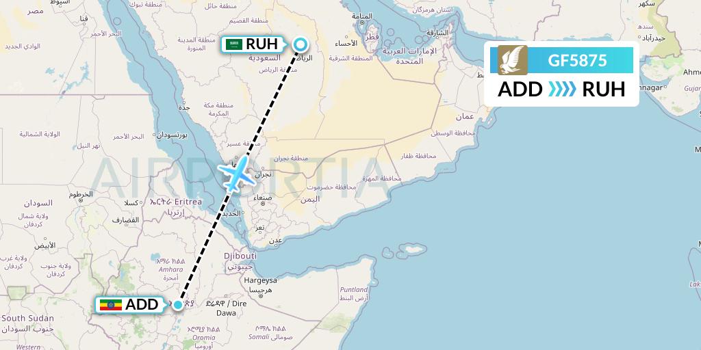 GF5875 Gulf Air Flight Map: Addis Ababa to Riyadh