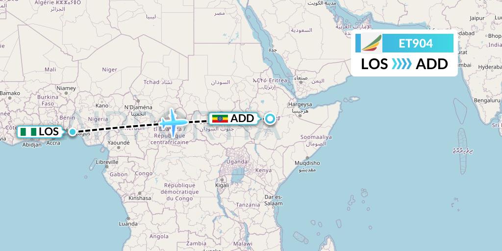 ET904 Ethiopian Airlines Flight Map: Lagos to Addis Ababa