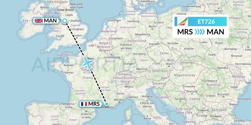 ET726 Ethiopian Airlines Flight Map: Marseille to Manchester