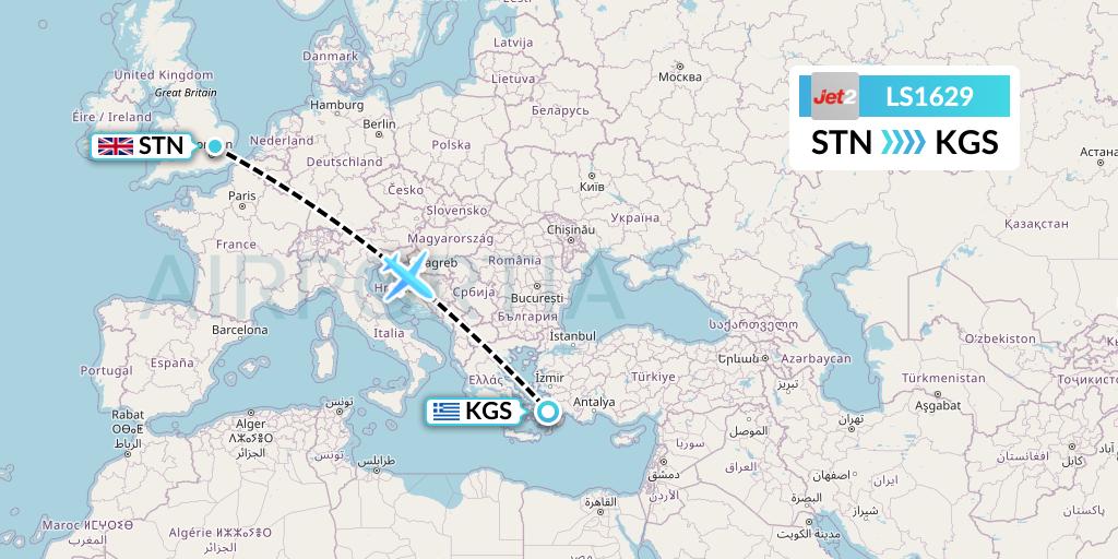 LS1629 Jet2 Flight Map: London to Kos
