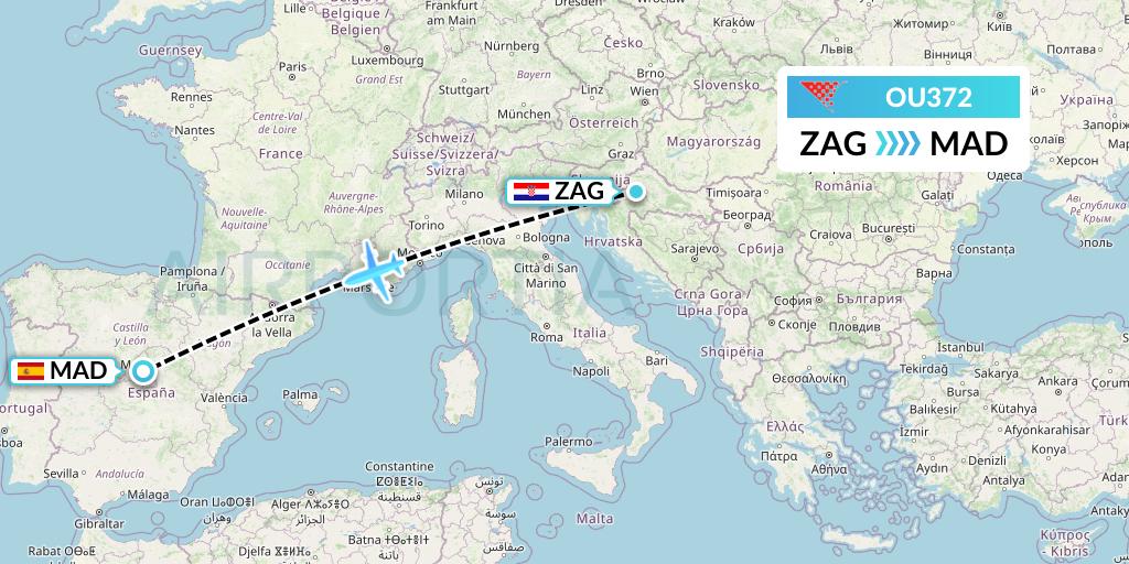 OU372 Croatia Airlines Flight Map: Zagreb to Madrid