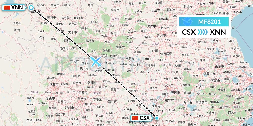 MF8201 Xiamen Airlines Flight Map: Changsha to Xining