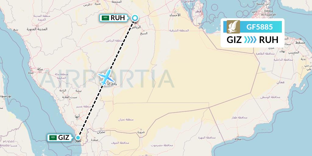 GF5885 Gulf Air Flight Map: Jizan to Riyadh