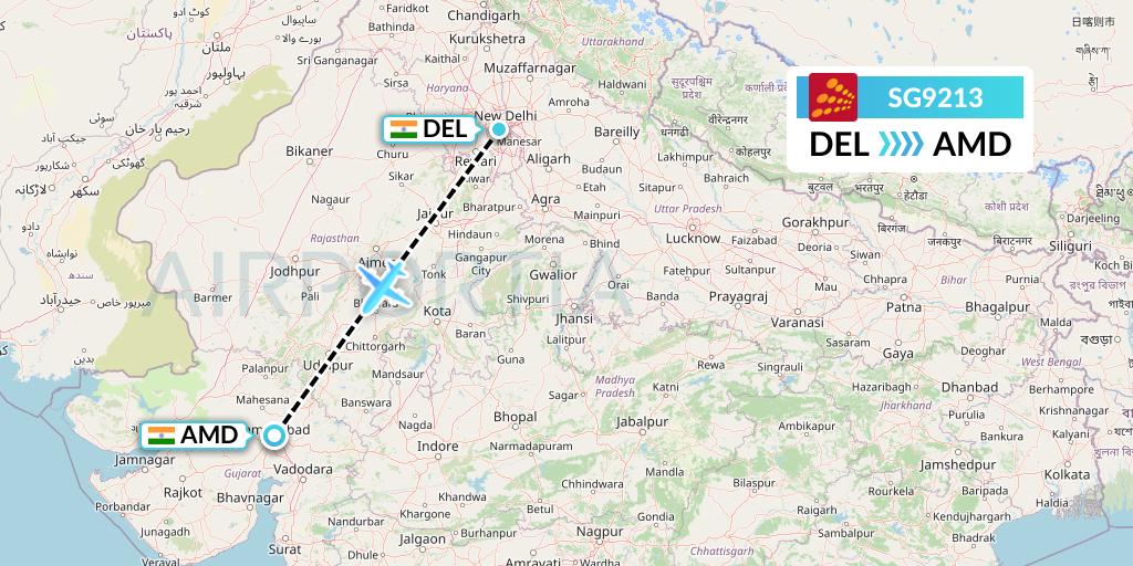 SG9213 SpiceJet Flight Map: Delhi to Ahmedabad