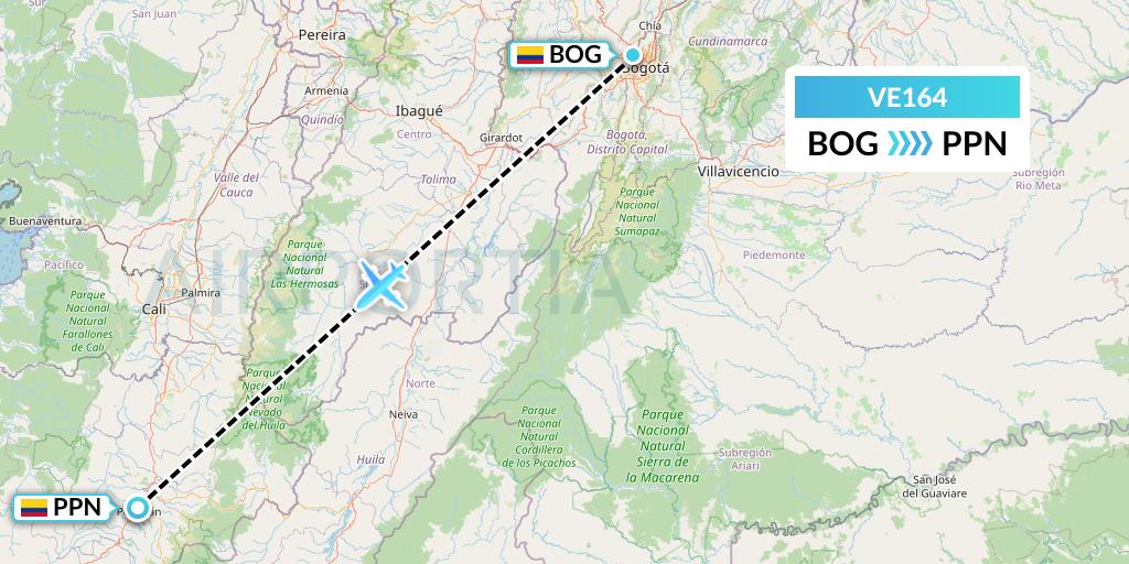 VE164 Easyfly Flight Map: Bogota to Popayan