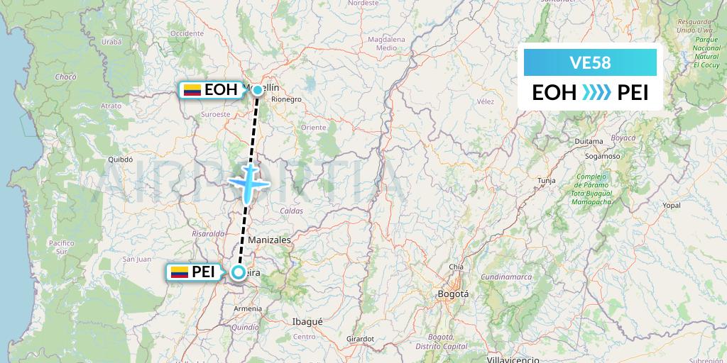VE58 Easyfly Flight Map: Medellin to Pereira