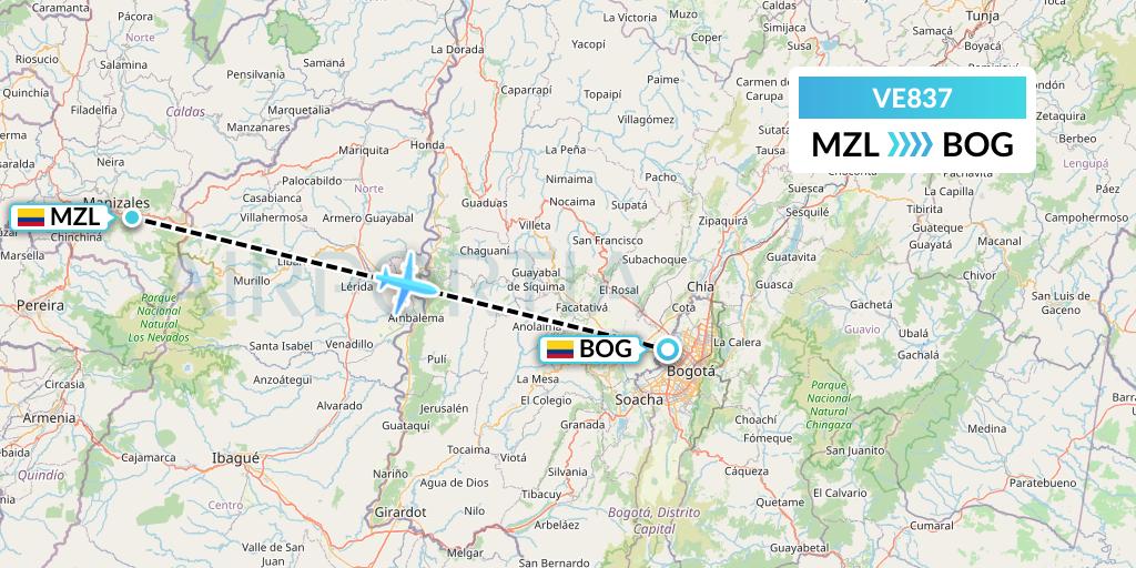 VE837 Easyfly Flight Map: Manizales to Bogota