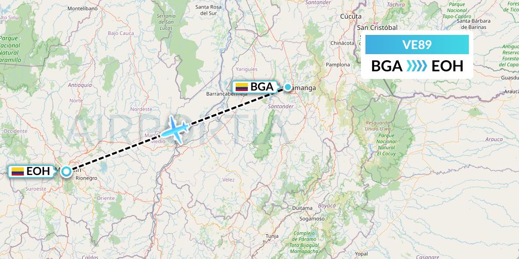 VE89 Easyfly Flight Map: Bucaramanga to Medellin