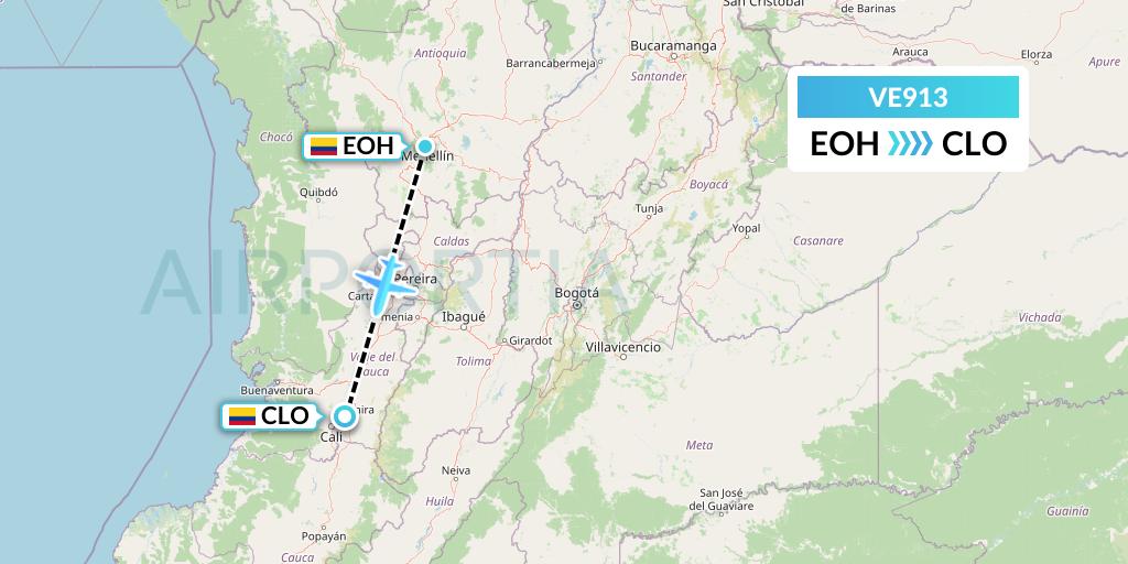 VE913 Easyfly Flight Map: Medellin to Cali
