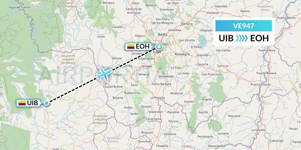 VE947 Easyfly Flight Map: Quibdo to Medellin